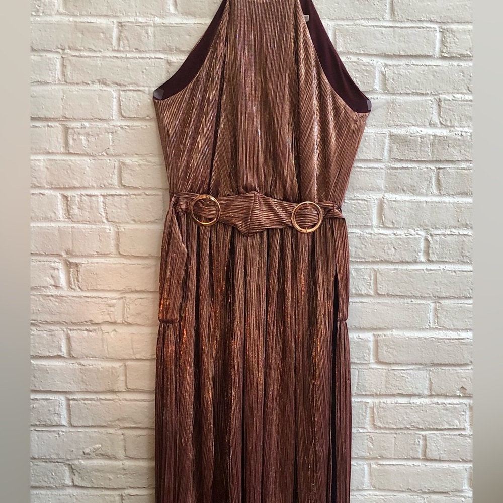 EVA MENENDEZ Metallic Bronze halter top midi Dress Sleeveless Spaghetti straps - Picture 15 of 16